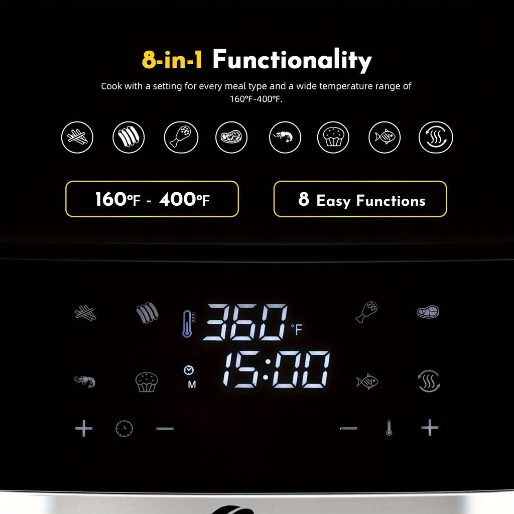 8.5/3.6QT Touch Air Fryer | Upgraded 8-in-1 Basket, Digital Touchscreen Display with 8-Presets, Air Fry, Bake, Roast, Broil in Minutes, Black (Touchscreen Series), YMS Brand, Stainless Steel Basket, 1500W Power, 120V Voltage