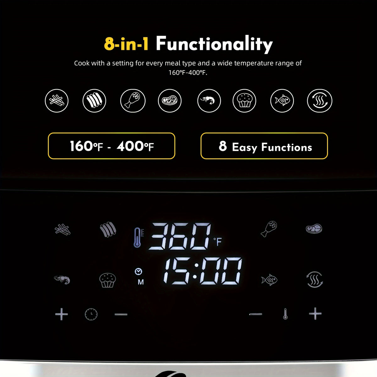 8.5/3.6QT Touch Air Fryer | Upgraded 8-in-1 Basket, Digital Touchscreen Display with 8-Presets, Air Fry, Bake, Roast, Broil in Minutes, Black (Touchscreen Series), YMS Brand, Stainless Steel Basket, 1500W Power, 120V Voltage