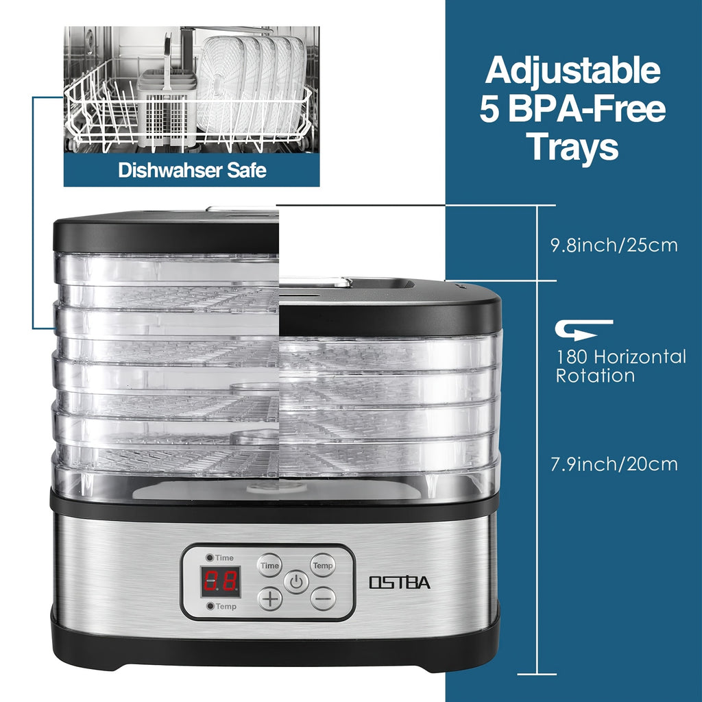 Food Dehydrator Machine Adjustable Temperature & 72H Timer, 5-Tray Dehydrators for Food And Jerky, Fruit, Dog Treats, Herbs, Snacks, LED Display, 240W Electric Food Dryer, Recipe Book