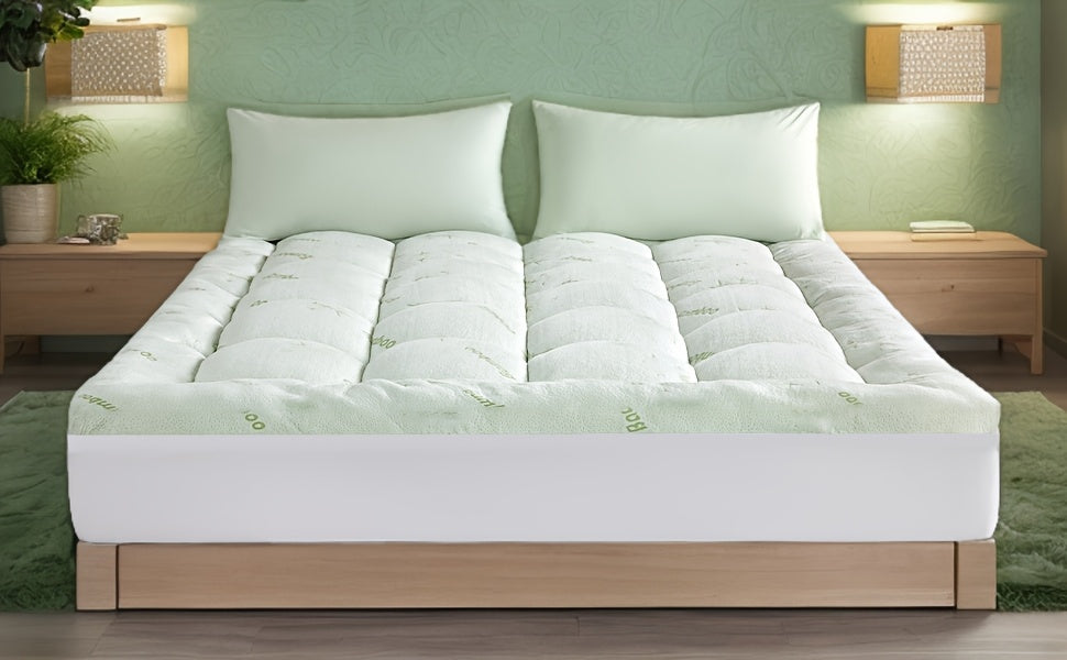 Washable Cooling Mattress Topper, Soft Fitted Mattress Pad with 8–21 Inch Deep Pocket in Green for Twin, Twin XL, Full and Queen Bedroom Comfort