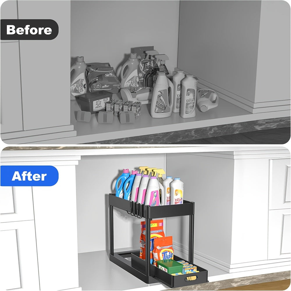 Set of 2 Under-Sink Organizers, Bathroom Cabinet Storage Solution, Dual-Tier Sliding Basket Drawers, Versatile Bath Collection Baskets for Under-Counter Storage with 8 Hooks