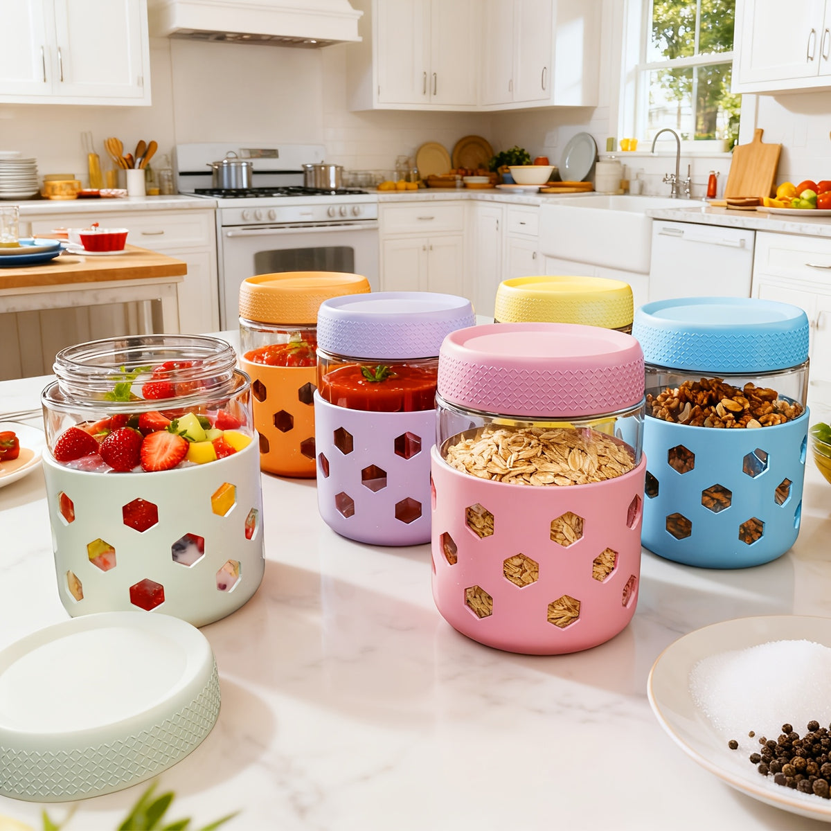 6-pack 16oz Overnight Oats Containers with Lids, Glass Jars with Airtight Lids, Wide Mouth Mason Salad Jars, Glass Food Storage Containers for Snacks Yogurt Spice Sugar