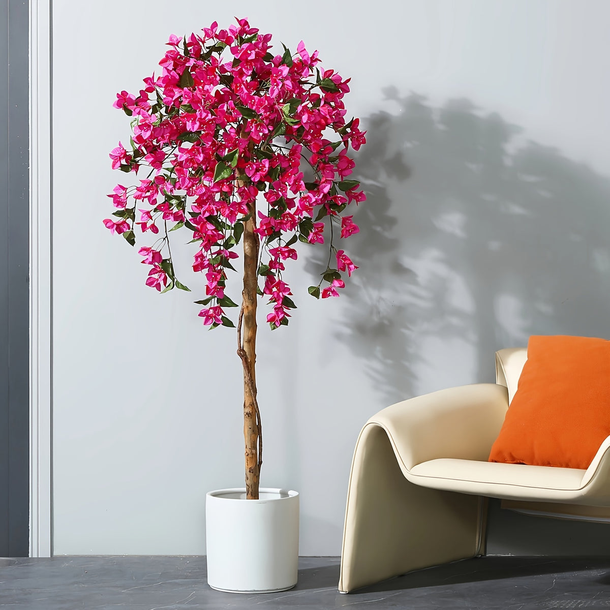 Artificial Bougainvillea Flowers Tree, Faux Potted Plants with Wood Trunk And Pink Flowers for Housewarming Decor Gift