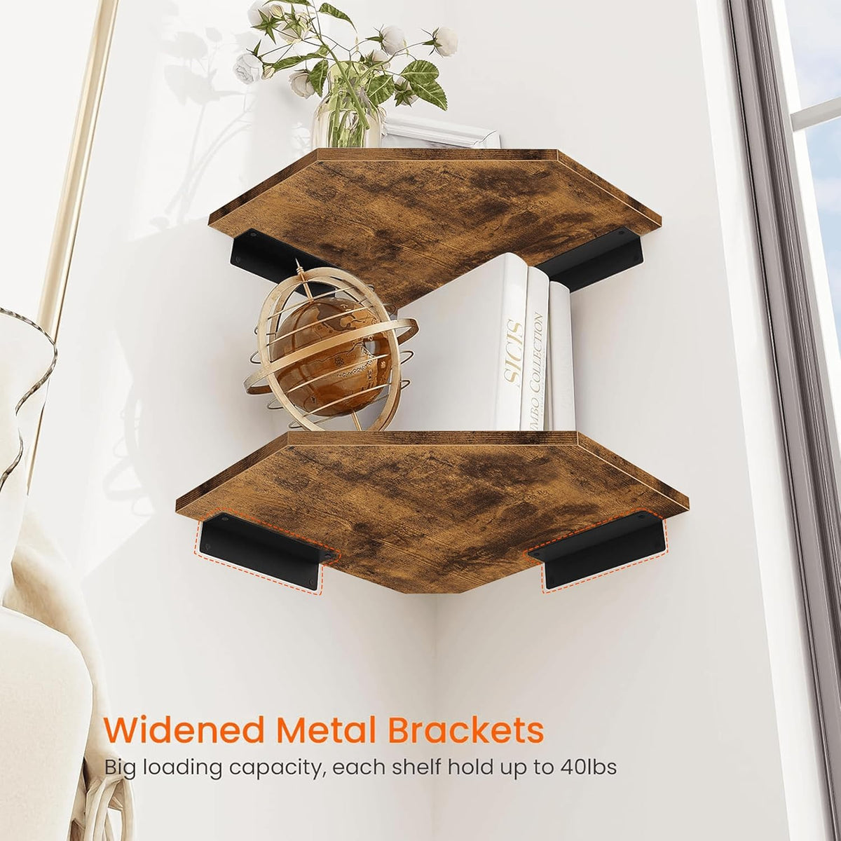 4pcs Solid Wood Corner Shelf Set - Rustic Brown Wall-Mounted Cable Management Shelves with Wire Hole Design & Hidden Wiring for Bathroom, Bedroom, - Space-Saving Corner Shelves Suitable for Cable Boxes & Storage Organization