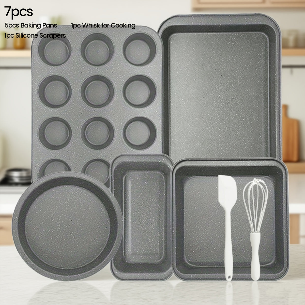 2/6/7/8/12/16/18pcs Nonstick Baking Pans Set Kitchen Baking Sheets Oven Bakeware Sets Round/Square Cake Pan Muffin Pan, Loaf Pan, Roast Pan, Cookie Sheet Baking Supplies Grey Measuring Spoon Scraper Rack Whisks Bread Bag Muffin Cups Spatulas