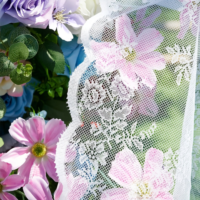 Romantic Pastoral Lace Sheer Curtain for Balcony and Office, Translucent Window Drapery with Floral Pattern, Machine Washable Polyester, Rod Pocket Design - 1pc