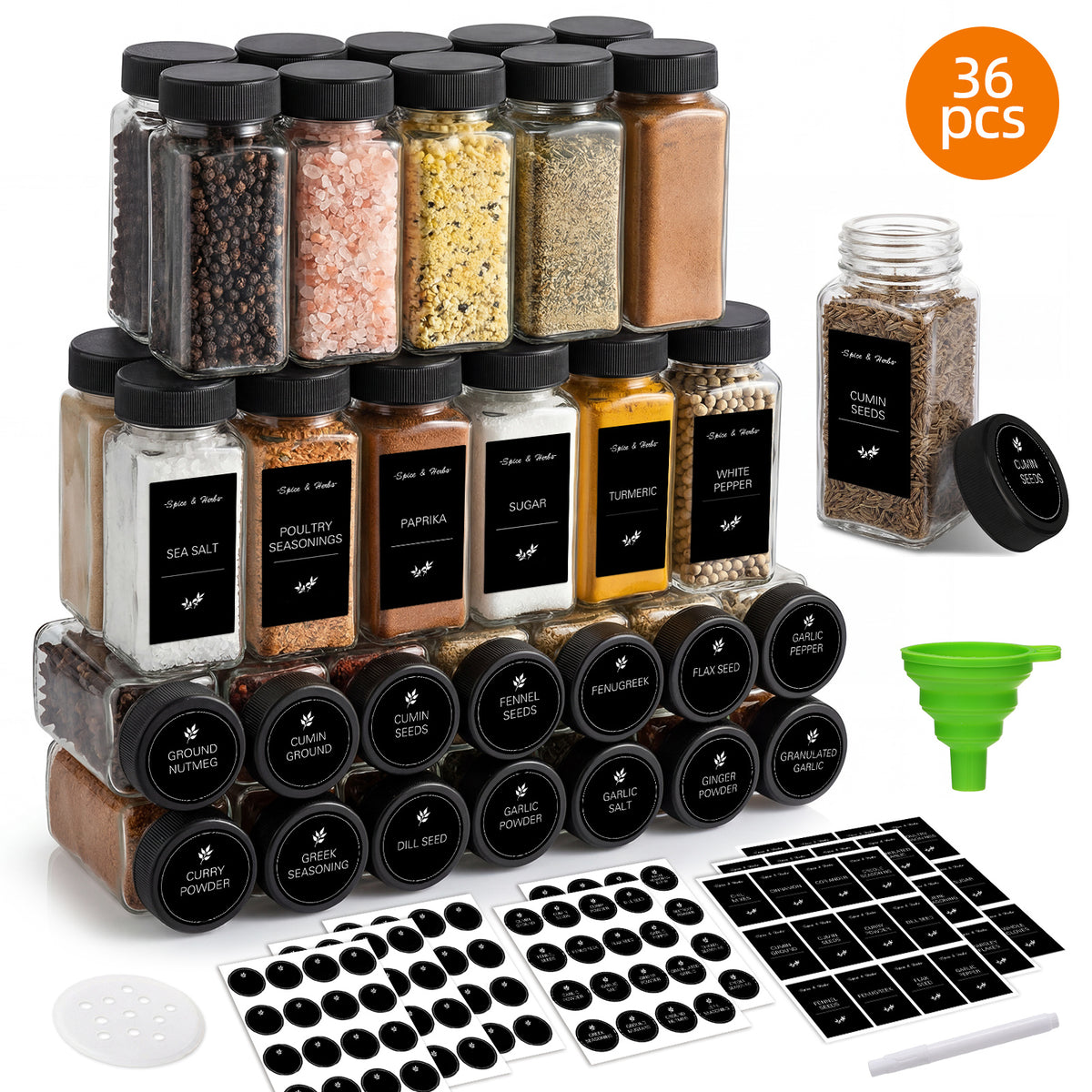 whonline 16pcs/24pcs/36pcs/48pcs Spice Jars, 4oz Glass Spice Jars with Labels - Shaker Lids, Collapsible Funnel, Brush and Marker, Seasoning Bottles for Spice Rack Drawer Cabinet