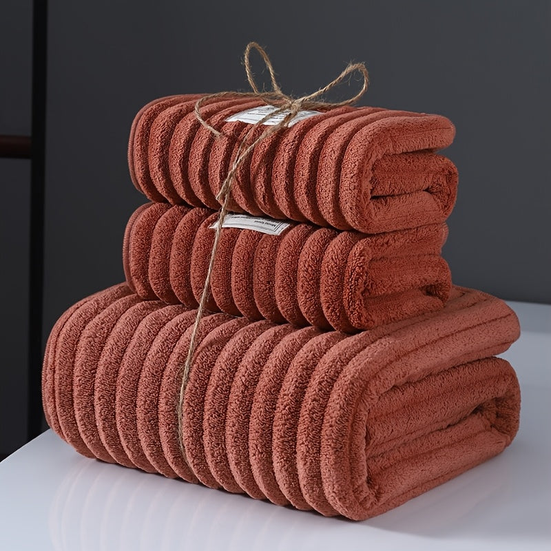 3pcs Bath Towel Set, 2pcs Hand Towels And 1pc Large Bath Towel, Towel, Bathroom Supplies, Large Bath Towel, Absorbent Bath Towel, Hand Towel, Kitchen Towel, Sports Sweat Towel And Bath Towel, Gym Additions, Coral Fleece Material Soft And Thickened