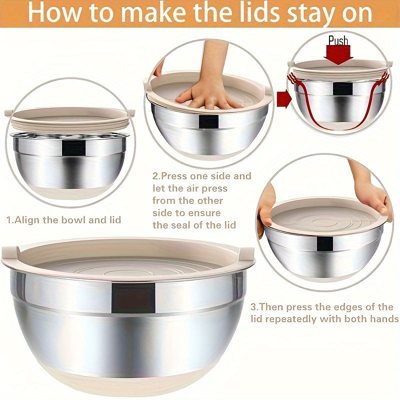 Mixing Bowls with Airtight Lids, 26pcs Stainless Steel Bowls Set, 3 Grater Attachments & Black Non-Slip Bottoms Size 7, 4, 2.5, 2.0, 1.5, 1QT, Great for Mixing & Serving