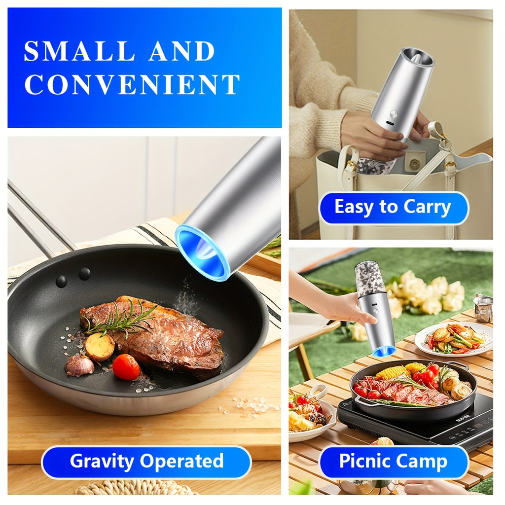 2pcs USB Rechargeable Salt And Pepper Grinder Electric Salt And Pepper Mill & Adjustable Coarseness Automatic Salt Grinders Spice Shakers with LED Light One Hand Operation