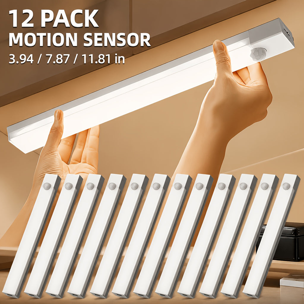 12-Pack Motion Sensor Under Cabinet Lights, USB Rechargeable Wireless LED Closet Lights, 3 Modes, Stick-On Night Lights for Kitchen, Bedroom, Stairs, Wardrobe, Pantry