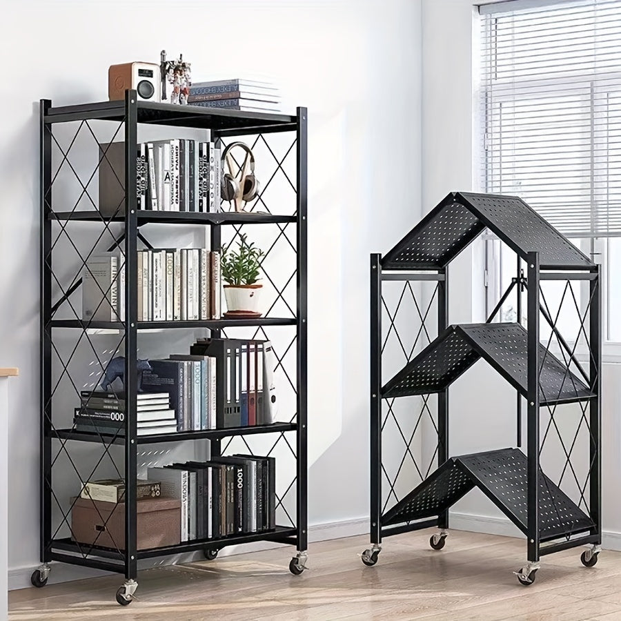 3/4/5-Tier Unassembled Storage Rack, Equipped with Wheeled Multi-Layer Storage Shelves, Portable Floor-Standing Versatile Miscellaneous Storage Rack, Foldable Magazine Rack, Storage Accessories, Utility Racks