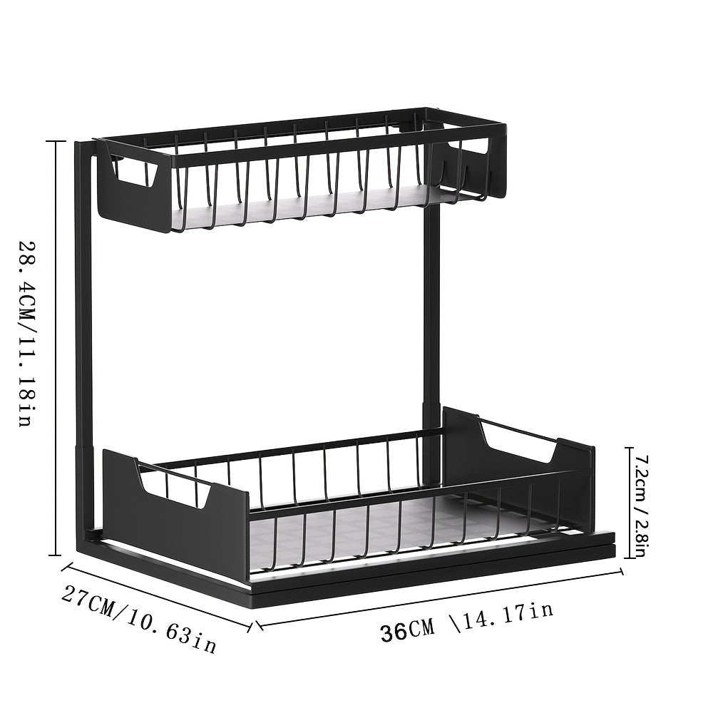 2-Tier Sliding Under Sink Organizer Rack Kitchen Lower Sink Sorting Sliding Pull-out Cabinet Sorting Rack Metal Sliding Drawer For KitchenBathroom Refrigerator Cabinet Organization Rack Simple And Practical Kitchen Storage Essentials (1pack/2pack)