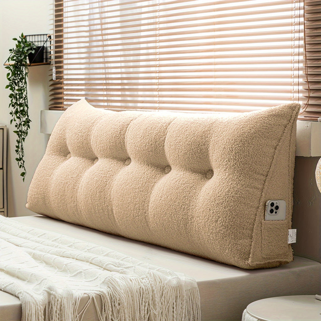 Headboard Reading Pillow, Triangular Teddy Velvet Backrest Cushion with Side Pocket and Removable Washable Cover for Twin, Queen and King Beds