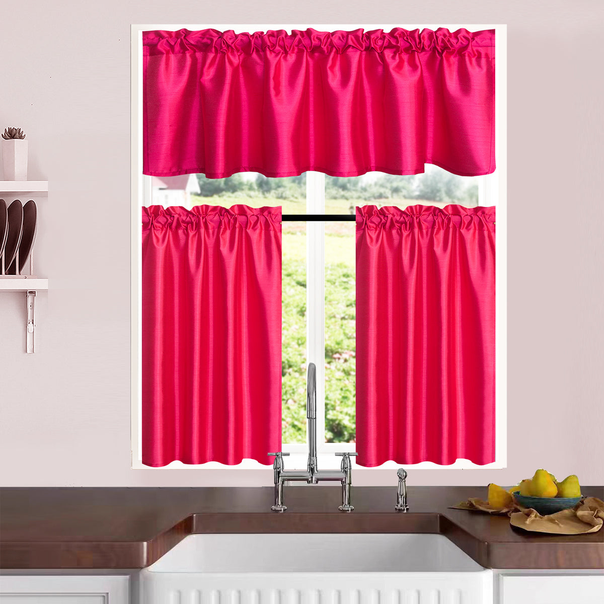 3 Panels Faux Silk Solid Color Sheer Kitchen Curtains Set Rod Pocket Design with 2 Tiers 26x36 inch Each and 1 Valance 52x14 inch for Kitchen Bathroom Privacy Drapes and curtains