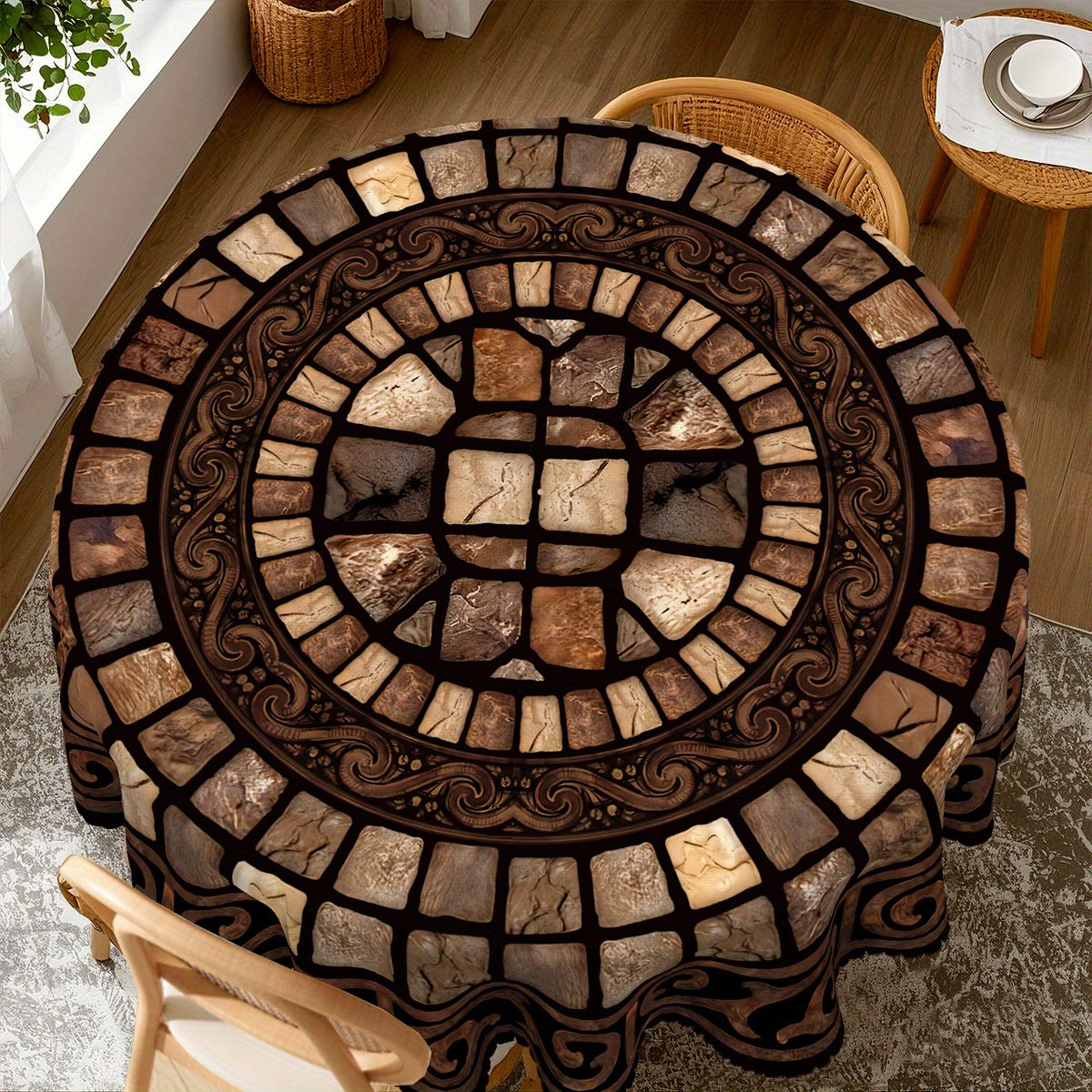 Vintage Stone Pattern Tablecloth, Brown with Ornate Floral Design, Polyester, Rectangular, Machine, Perfect for Traditional and Rustic Home Decor, Dining Table and Indoor Decoration, Multiple Sizes Available