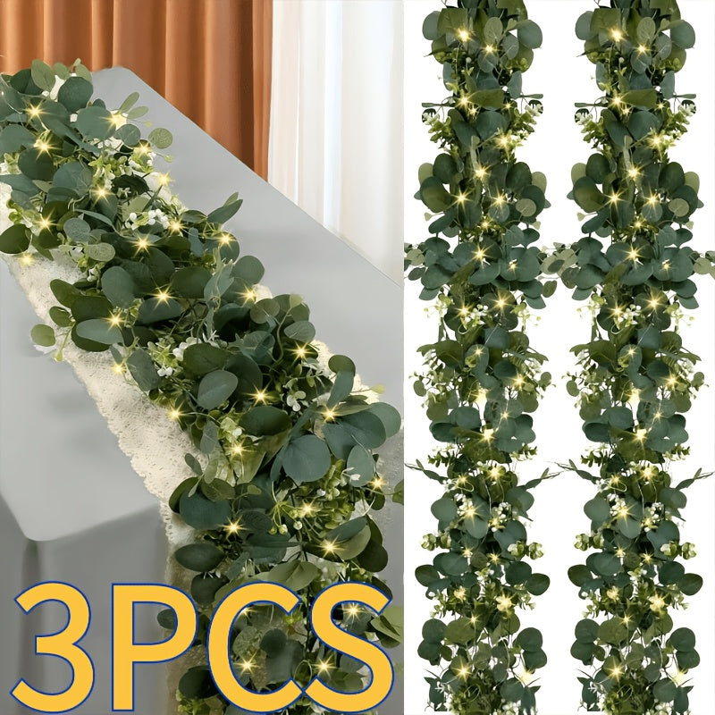 3 Packs of 6-Foot Lighted Eucalyptus Garlands| Green Floral Garland Decoration, Artificial Simulated Eucalyptus Leaves And Green Vines, Used for Table Cover, Wedding Centerpiece Decoration, Background, Warm Color, Plastic, Battery-Powered