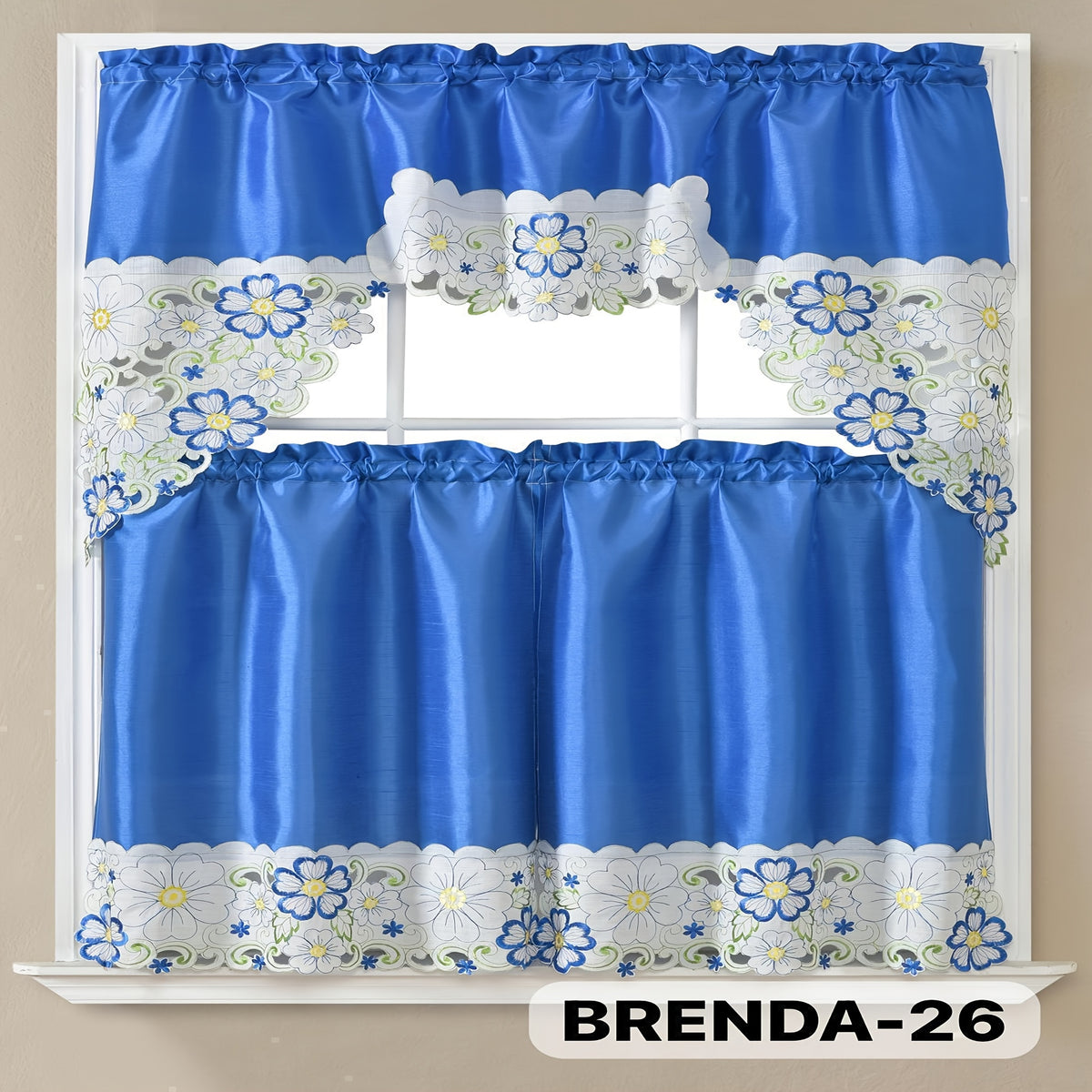 3pcs Bamboo Embroidered Kitchen Curtain Set, Floral Embroidery, Lightweight and Soft, Easy Care, Machine Washable, Satin Fabric, Embroidered