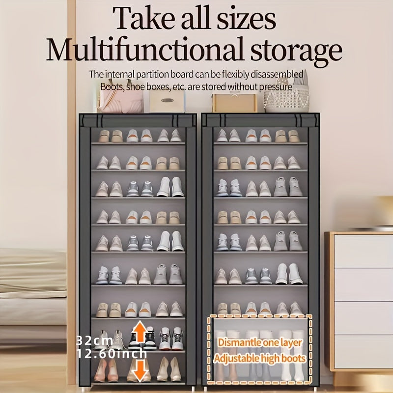 1pc 10 Layer Shoe Cabinet with Dust Cover, Non-woven Space-saving Shoe Rack with Large Capacity, Easy to Assemble, Portable Shoe Cabinet, Suitable for Various Scenes Such As Entrance, Storage Rack, Home And Dormitory Storage