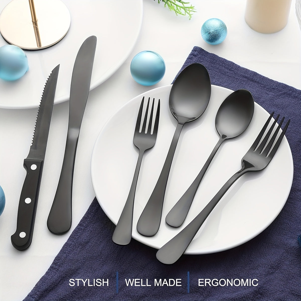 24/48pcs Black Silverware Set With Steak Knives Service For 4/8, Christmas Stainless Steel Flatware Set, Mirror Polished Kitchen Accessories, Home Kitchen Party Eating Tableware Set, Include Fork Knife Spoon Set, Dishwasher Safe (Silver, Black)