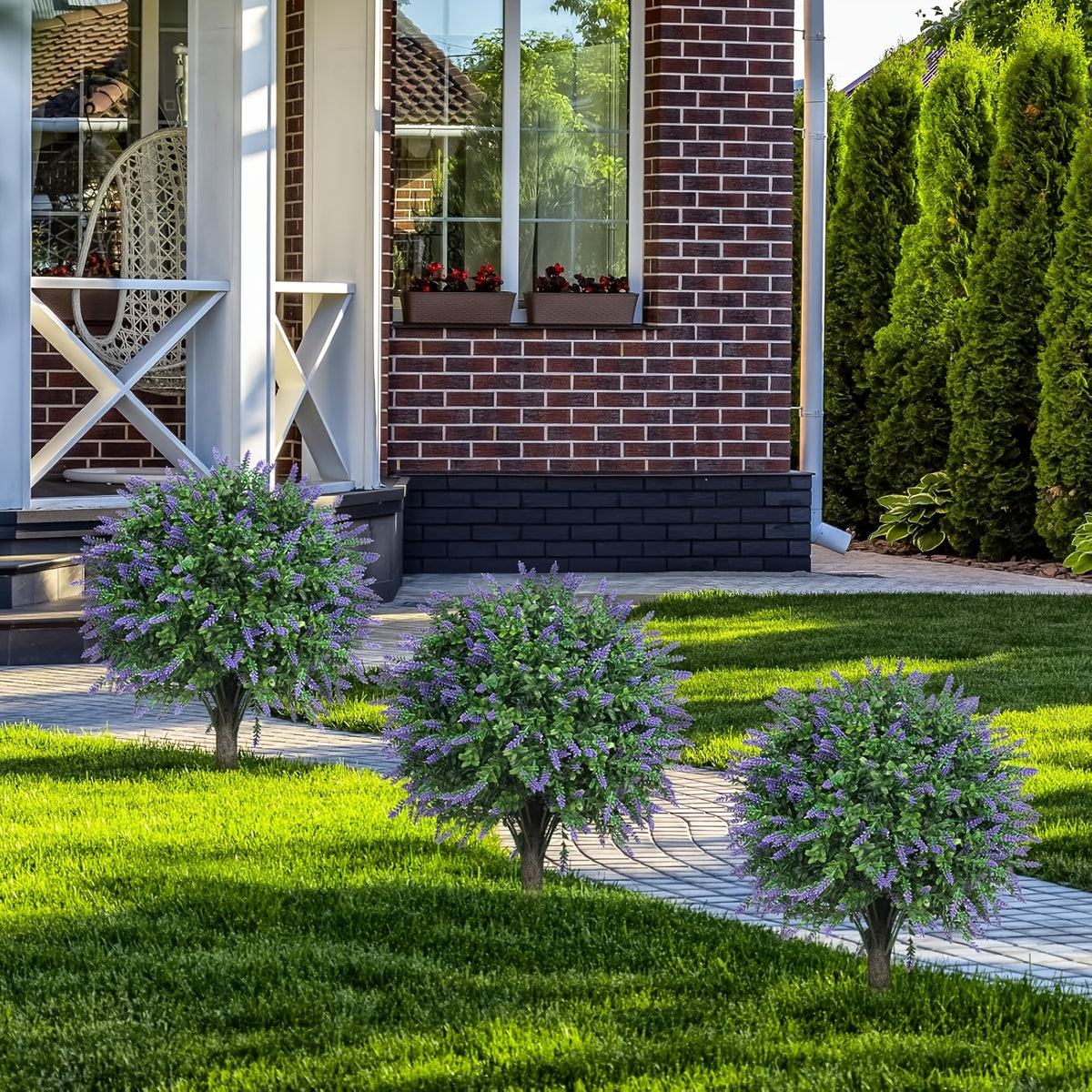 2 Pack Artificial Plants for Outdoor Front Porch Decor, Artificial Lavender Topiary Ball Trees with Ground Spike, UV Resistant Faux Cedar Shrubs Evergreen Plants for Indoor Outdoor Front Porch Garden Backyard Decor