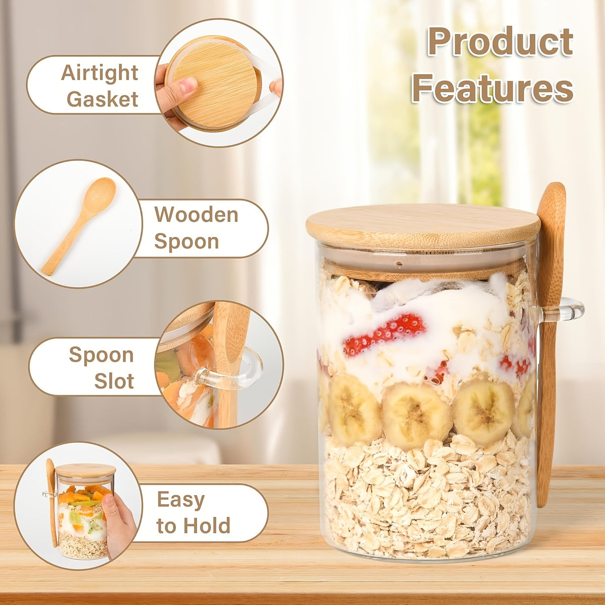 4/6pcs Dessert Bowl, Overnight Oats Containers with Lids, 18oz Overnight Oats Jars with Spoons, Salad Meal Prep Jar with Bamboo Lids for Chia Seed Pudding Salad Cereal Coffee Flour, Sourdough Starter Jar for Bread
