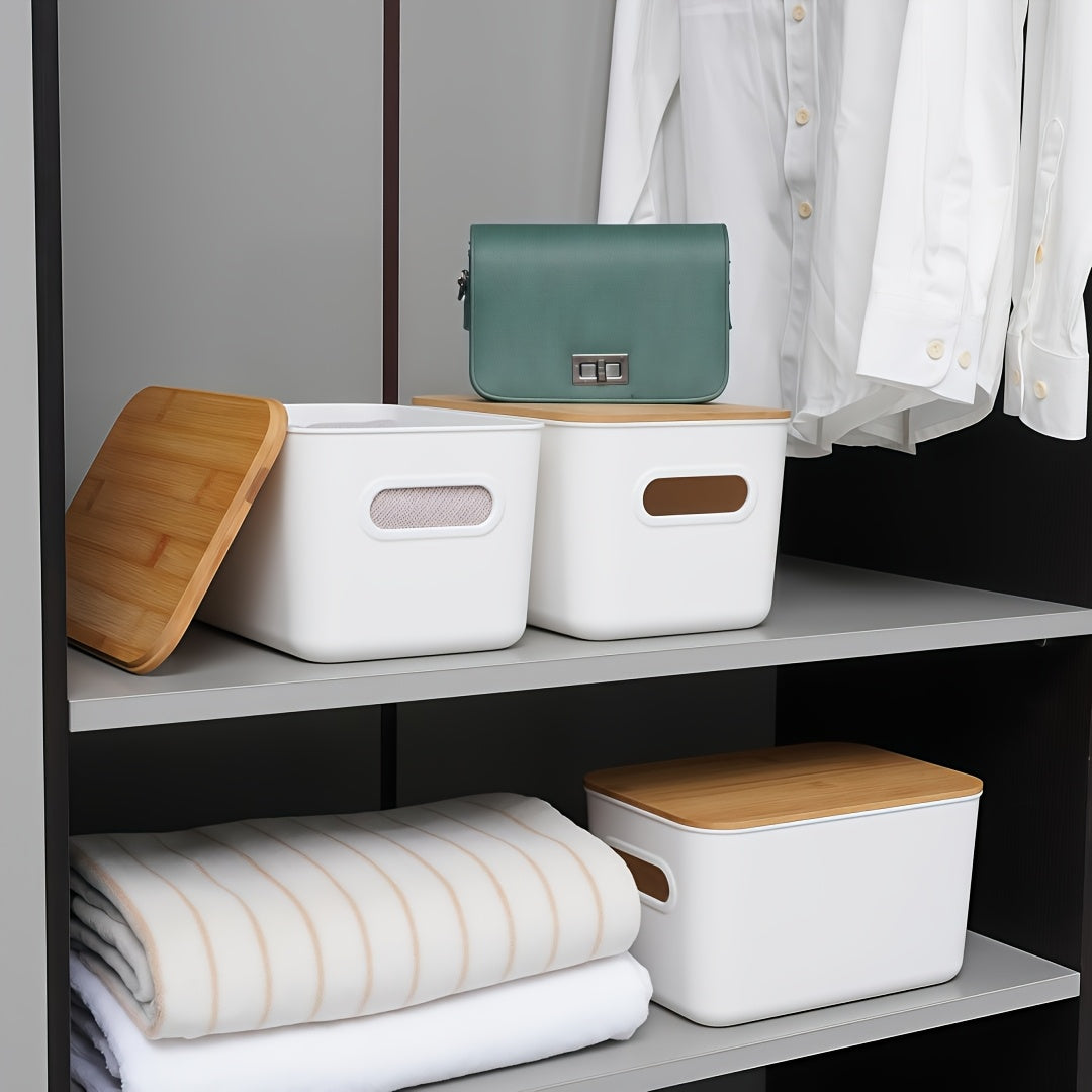 8/4/2/1pc Storage Bins with Woods Lids Plastic Storage Containers for Organizing Stackable Storage Box with Handle, Medicine Cabinet Organizer, for Bookshelf, Storage Organizer for Home, Office, Desktop, Playroom, Classroom, White