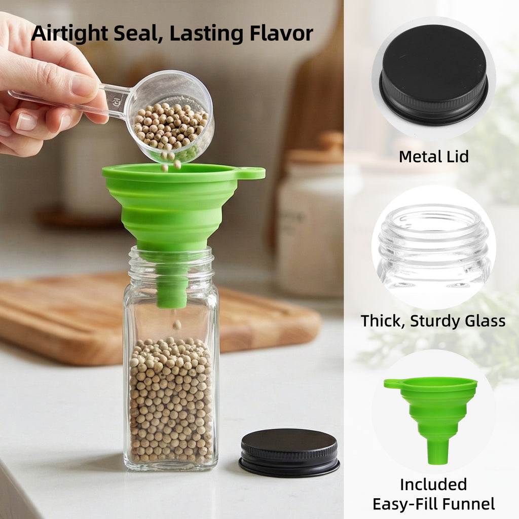 whonline 16pcs/24pcs/36pcs/48pcs Spice Jars, 4oz Glass Spice Jars with Labels - Shaker Lids, Collapsible Funnel, Brush and Marker, Seasoning Bottles for Spice Rack Drawer Cabinet