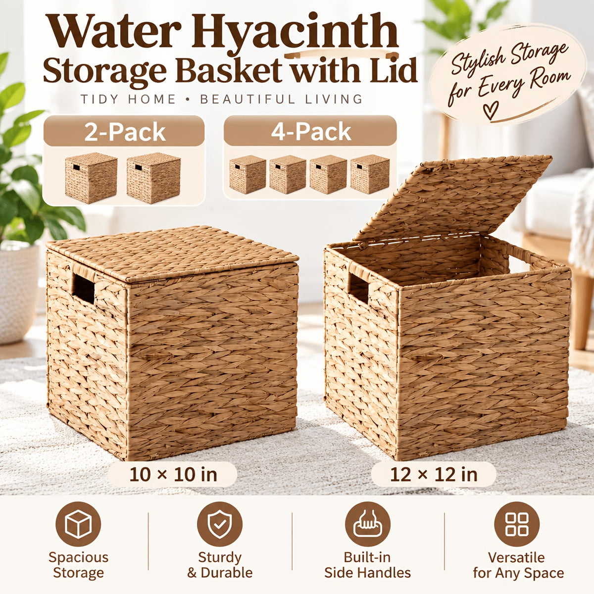 2pcs/4pcs Hyacinth Wicker Baskets Woven Baskets for Storage Baskets for Shelves Water Hyacinth Wicker Storage Basket Square Cub Natural Rattan Basket for Towels, S, Magazines and Kitchen Organizati, Shelf Baskets