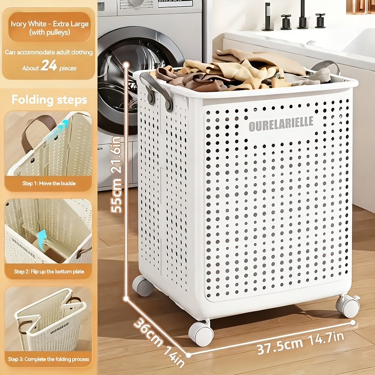 One Large Foldable Laundry Basket Without Cover - Imitation Leather, Hand Wash, Solid Color, Versatile Portable Laundry Basket with Wheel for Bathroom And Balcony Storage, Laundry Baskets