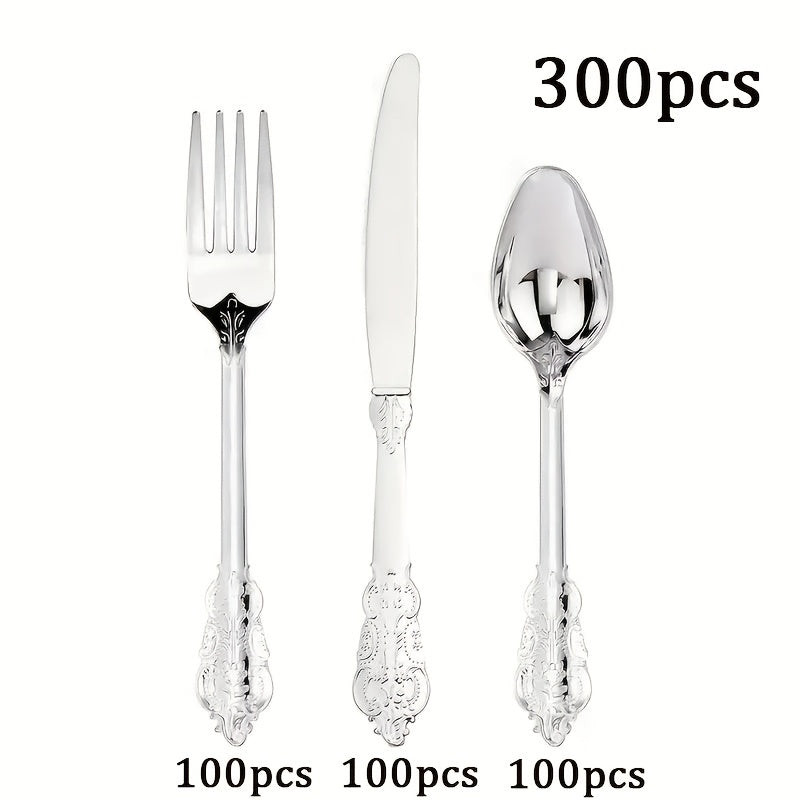 300pcs Premium Disposable Cutlery Set Serves 100 Guests Golden/Silvery Finish Durable Heavyweight Plastic Cutlery Resistant to Warping for Daily Use Ideal for Parties/Weddings/Holiday Gatherings Perfect for Valentine's Day, Christmas, And New Year's