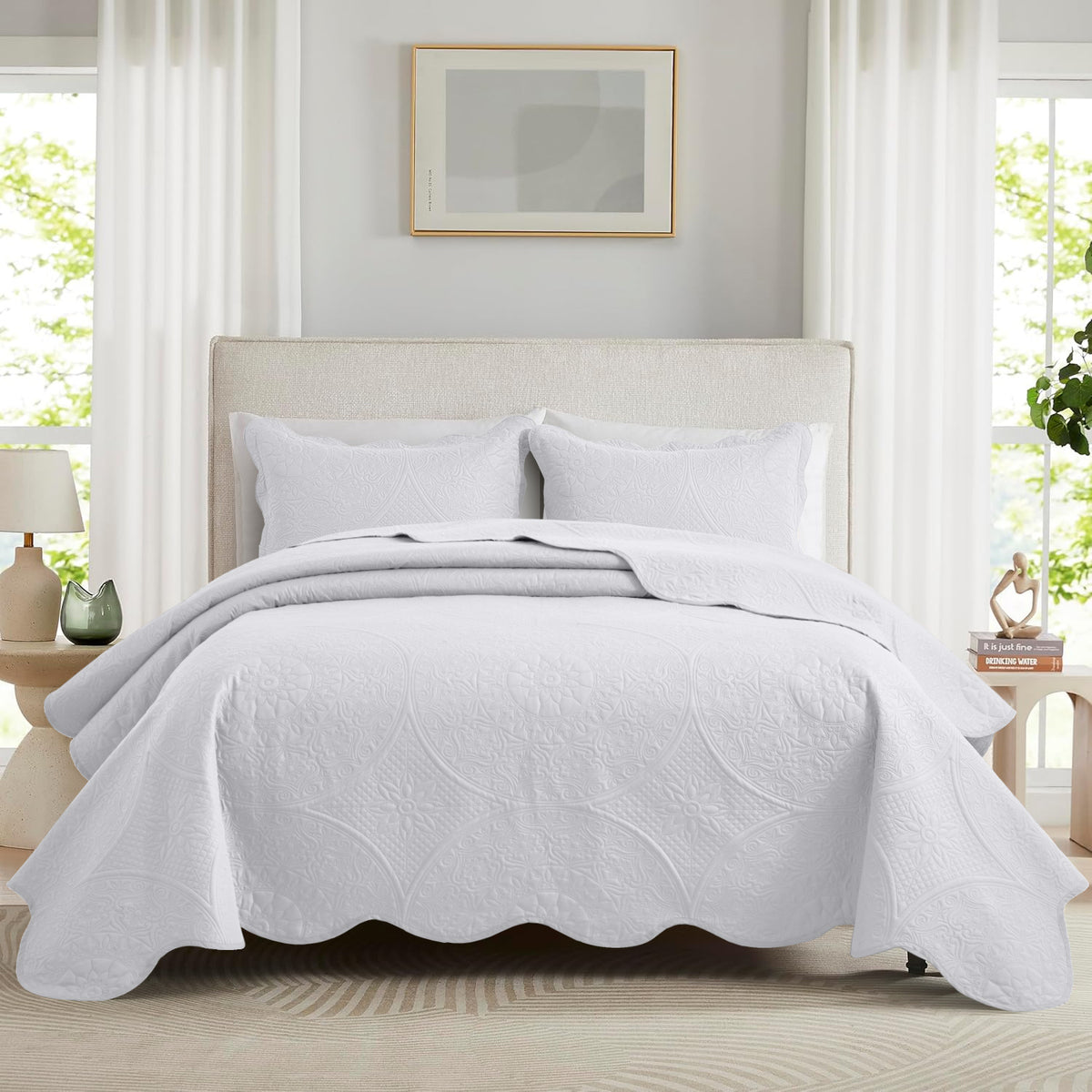 3pcs Luxury Quilted Bedspread Set – Oversize Quilt Coverlet Soft & Cozy Floral Bedspread with Pillow Shams, Breathable Lightweight for Bedroom & Guest Room Decor
