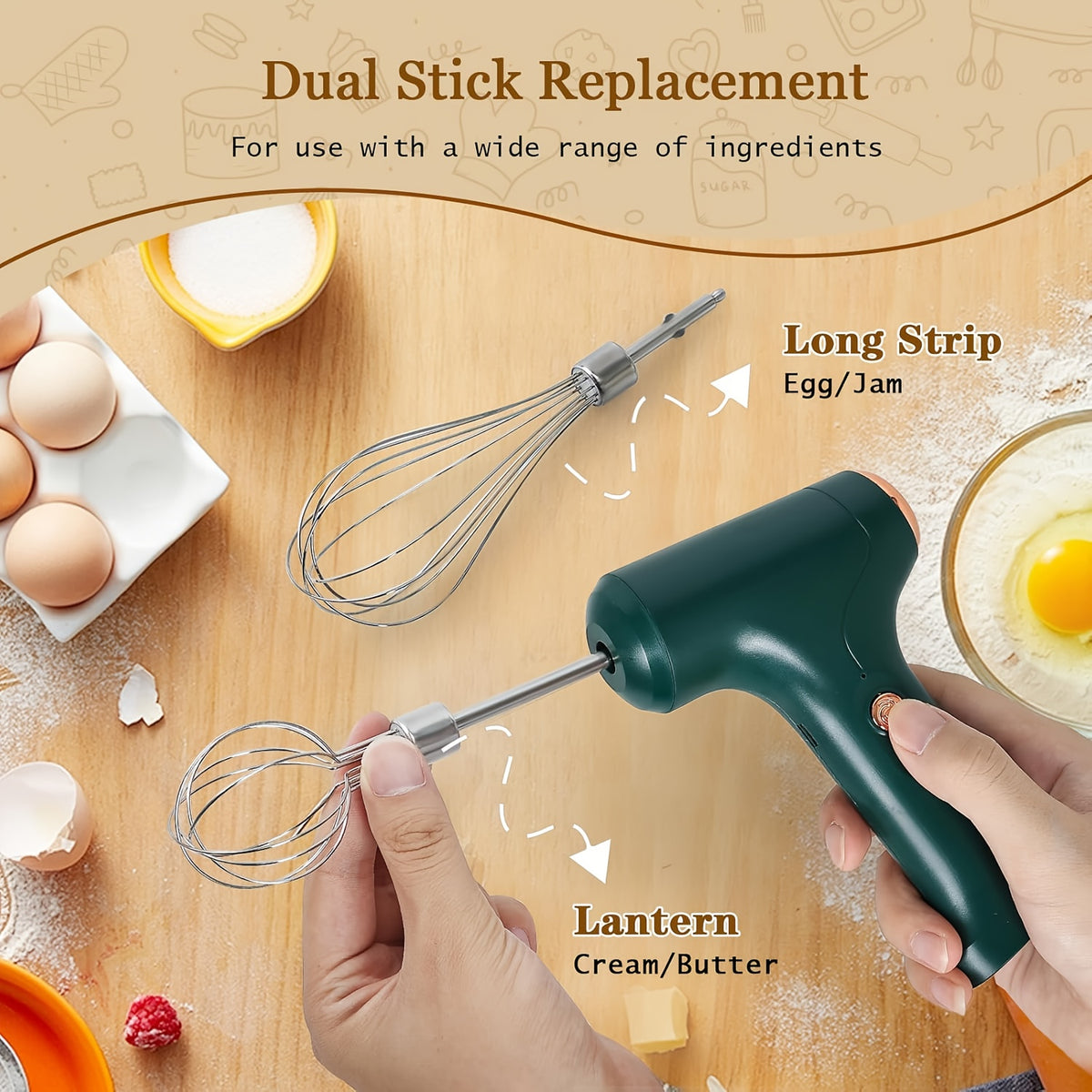 Hand Mixer | Household Cordless Electric Hand Mixer, USB Rechargeable, 304 Stainless Steel, With 2 Detachable Stir Whisks, 3 Speed Modes for Kitchen Baking