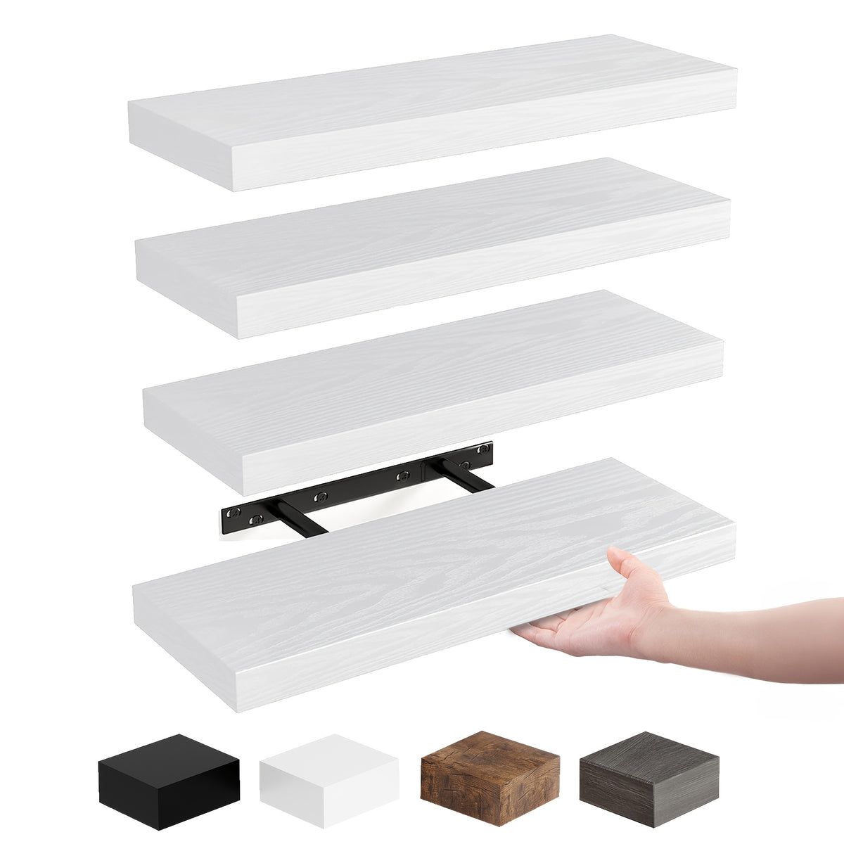 Whonline 4/5pcs Floating Shelves, Gray&White&Black, Rustic Wood Finish Wall Shelves, Shelves For Wall Decor, With Invisible Brackets, Fixed Storage Rack For Kitchen, For Room Decor, Bathroom Storage, Heavy Duty Shelves