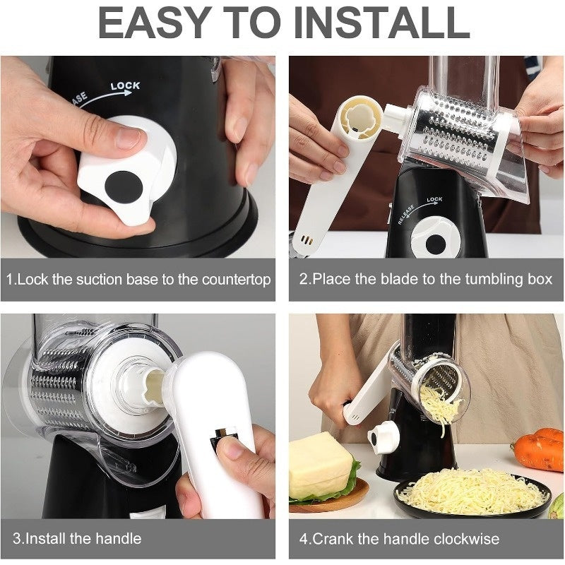 Rotary Cheese Planer Hand Crank Cheese Shredder Fresh Cheese, Vegetable Nuts, Non-Slip Suction Base, Free Cleaning Brush Three Blades