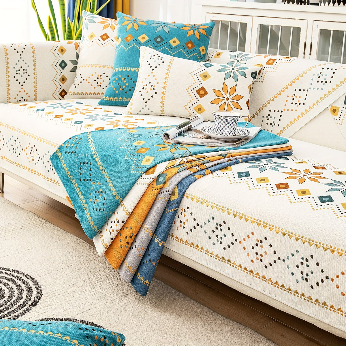 1pc Bohemian Chenille Sofa Cover Suitable for Sofa Sizes (Single to Four-Seater) - Thick Plush Non-Slip Couch Cover with Geometric Embroidery, Chenier Fabric Slipcover Fits for Sectional Sofas, Machine Washable Furniture