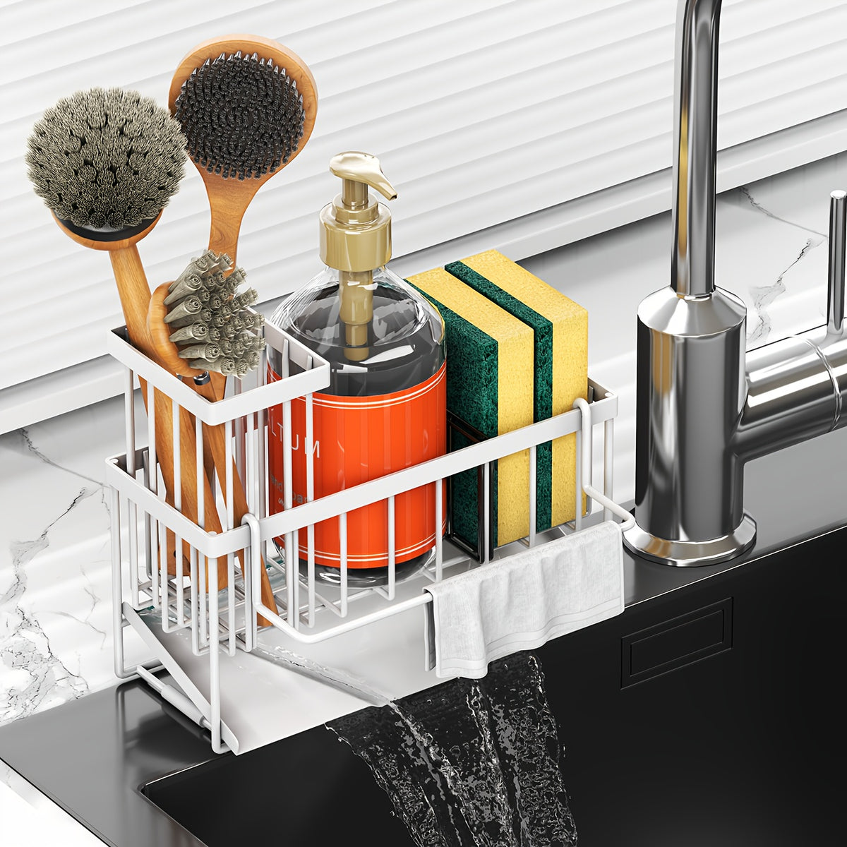 1pc Sponge Holder For Kitchen Sink With Drain Design And Dishcloth Rack, 304 Stainless Steel Sink Rack With Tall Brush Holder, Kitchen Sink Storage Box For Countertop, Soap Dispenser, Kitchen Organizer, And Essential Storage Accessories.