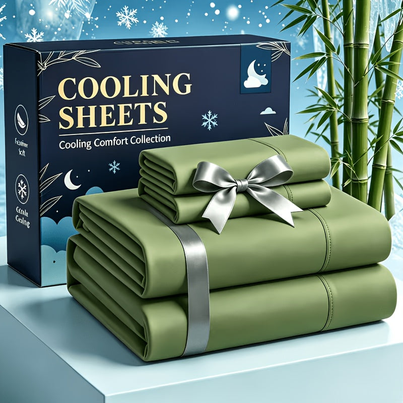 4pcs Cooling bedding - Extra Deep Pocket Breathable And Cooling - Suitable for Hot Sleepers And Sweats, Children Pillowcases, Flat Sheet And Fitted Sheet - A Perfect Gift for Family, Queen And King Sizes, Day Delivery - Random Color