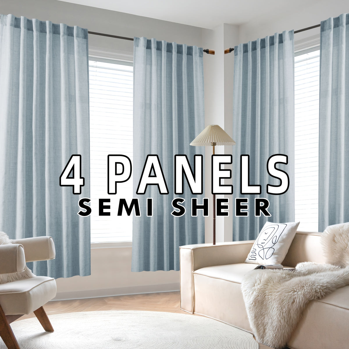 4 Panels Natural Linen Curtains for Living Room Semi Sheer Farmhouse Real Flax Rod Pocket Back Tab Boho Rustic Light Filtering Window Drapes for Bedroom Privacy Assured