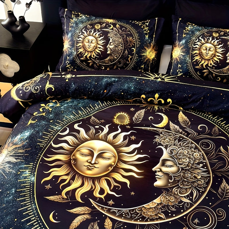 3-Piece Ultra-Soft Breathable Golden Sun Moon Planet Duvet Cover Set (1 Duvet Cover + 2 Pillowcases, Pillow Inserts Not Included), High-Definition Digital Print for Home and Dormitory Use