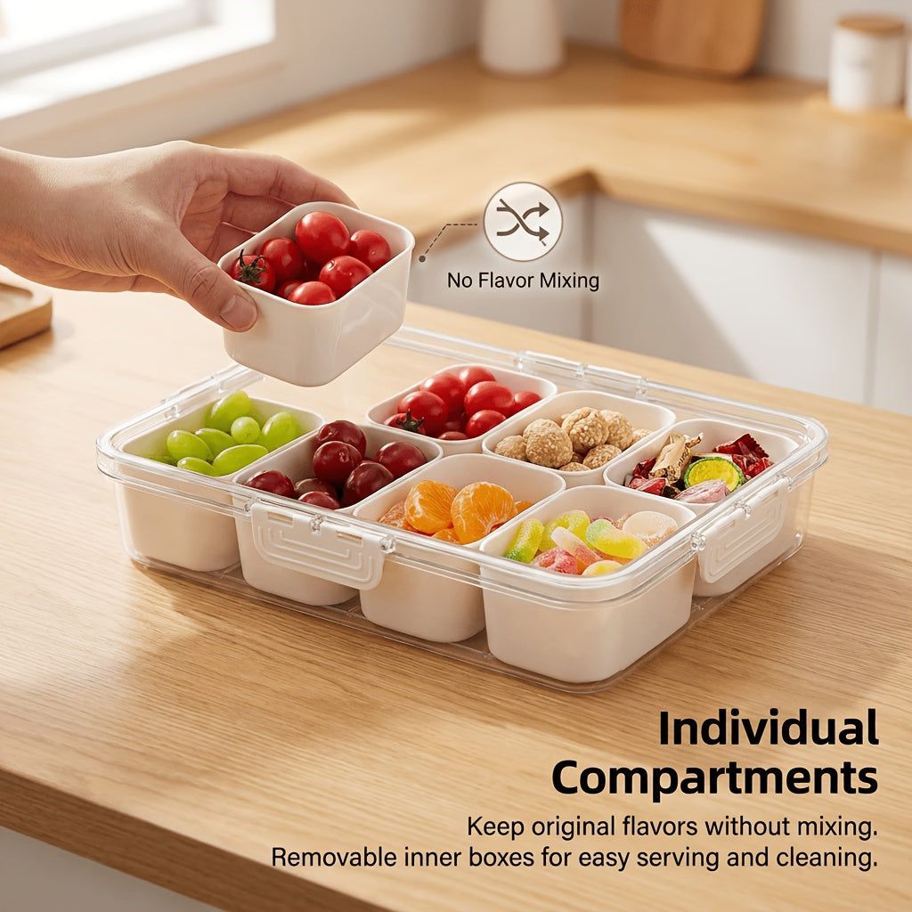 8-Compartment Divided Snack Box with Lid & Handle - Airtight BPA-Free Leakproof Plastic Storage Container Suitable for Parties, Picnics, Lunchboxes, Pantry Organizer, Square Lunch Tray with Snap- Lid for Home,, Office Use