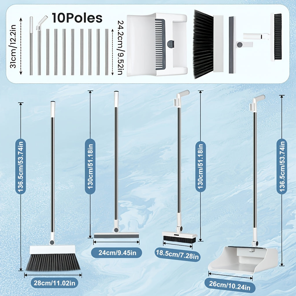Broom and Dustpan Set with Long Handles, 3-in-1 or 4-in-1 Foldable Cleaning Combo for Hair and Dust on Hard Floors in Living Rooms, Bedrooms and Bathrooms