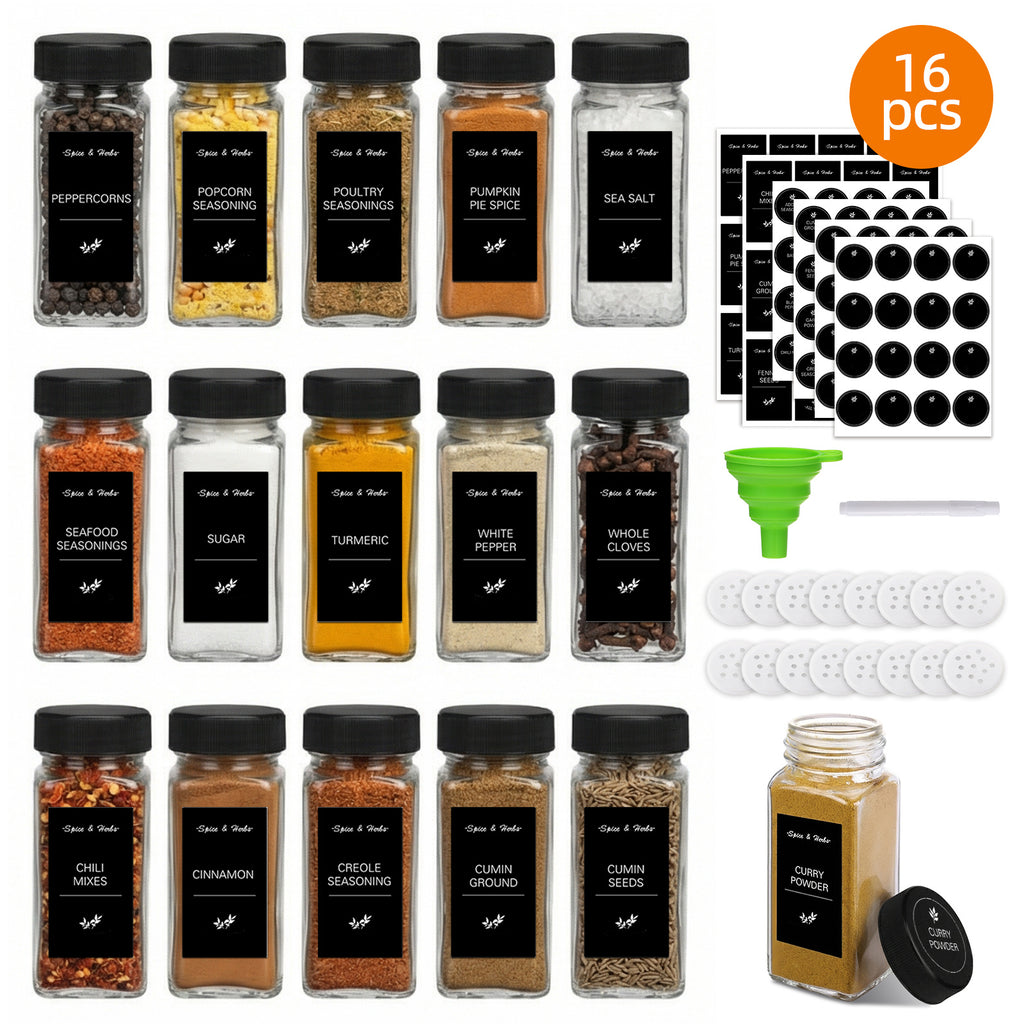 whonline 16pcs/24pcs/36pcs/48pcs Spice Jars, 4oz Glass Spice Jars with Labels - Shaker Lids, Collapsible Funnel, Brush and Marker, Seasoning Bottles for Spice Rack Drawer Cabinet