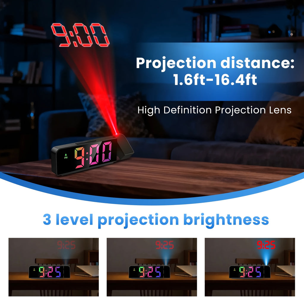 Black Projection Alarm Clock, Multifunctional LED Digital Clock with Colorful Light, USB, Displays Year, Date, Temperature, Adjustable Brightness, Bedroom Clock, 1 Pack,