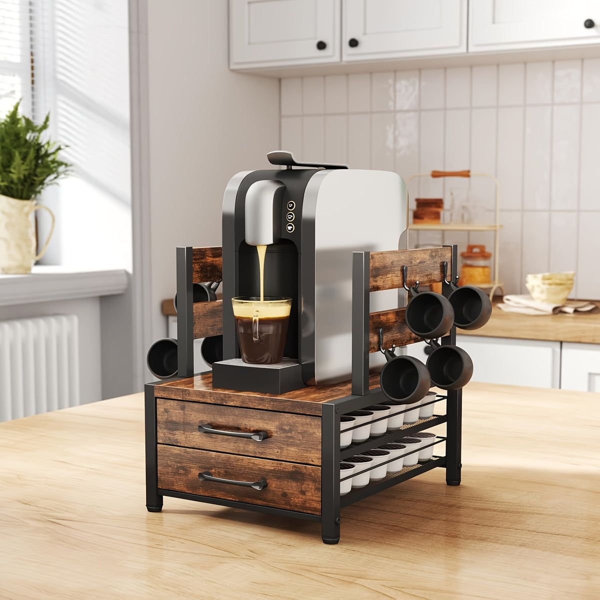 Double Deck Coffee Capsule Storage Rack & Mug Holder, Coffee Rack, K Cup Holder Drawer - Coffee Pod Organizer, Sturdy K Cup Storage Drawer With Mug Holder, 70 Capacity Pods, Home Kitchen Counter Organizer, Country Brown