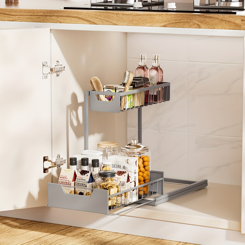 2-Tier Sliding Under Sink Organizer Rack Kitchen Lower Sink Sorting Sliding Pull-out Cabinet Sorting Rack Metal Sliding Drawer For KitchenBathroom Refrigerator Cabinet Organization Rack Simple And Practical Kitchen Storage Essentials (1pack/2pack)