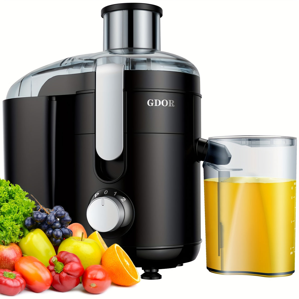 GDOR Electric Juicer Machine Dual Speed Centrifugal Extractor with 2-Speed Motor, 2.5” Wide Feed Chute & Anti-Drip System, BPA-Free Suitable for Fruits, Vegetables, Apples, Carrots, Citrus - Easy Clean with Brush, Plug for