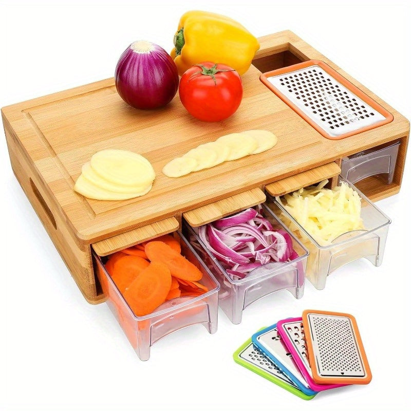 One Durable Bamboo Cutting Board Featuring Four Drawers Or Two Stainless Steel Trays, Designed with a Food Sliding Opening. This Carving Board Comes with Trays for Food Storage, Transport, And Easy Cleanup, Making It an Ideal Christmas Gift