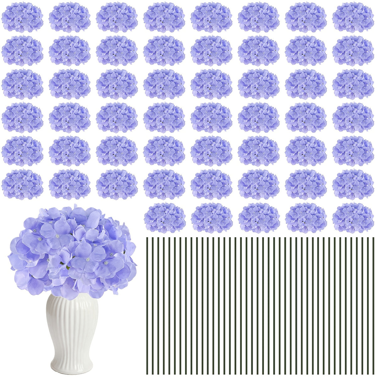 Set of 24 Synthetic Hydrangea Blooms with Stems, Ideal for Wedding Decorations, Home Parties, Baby Showers, And Store Displays. These Floral Arrangements Are Long-Lasting And Can Be Reused, Available in White, Orange, Blue, Dreamy Purple, Champagne