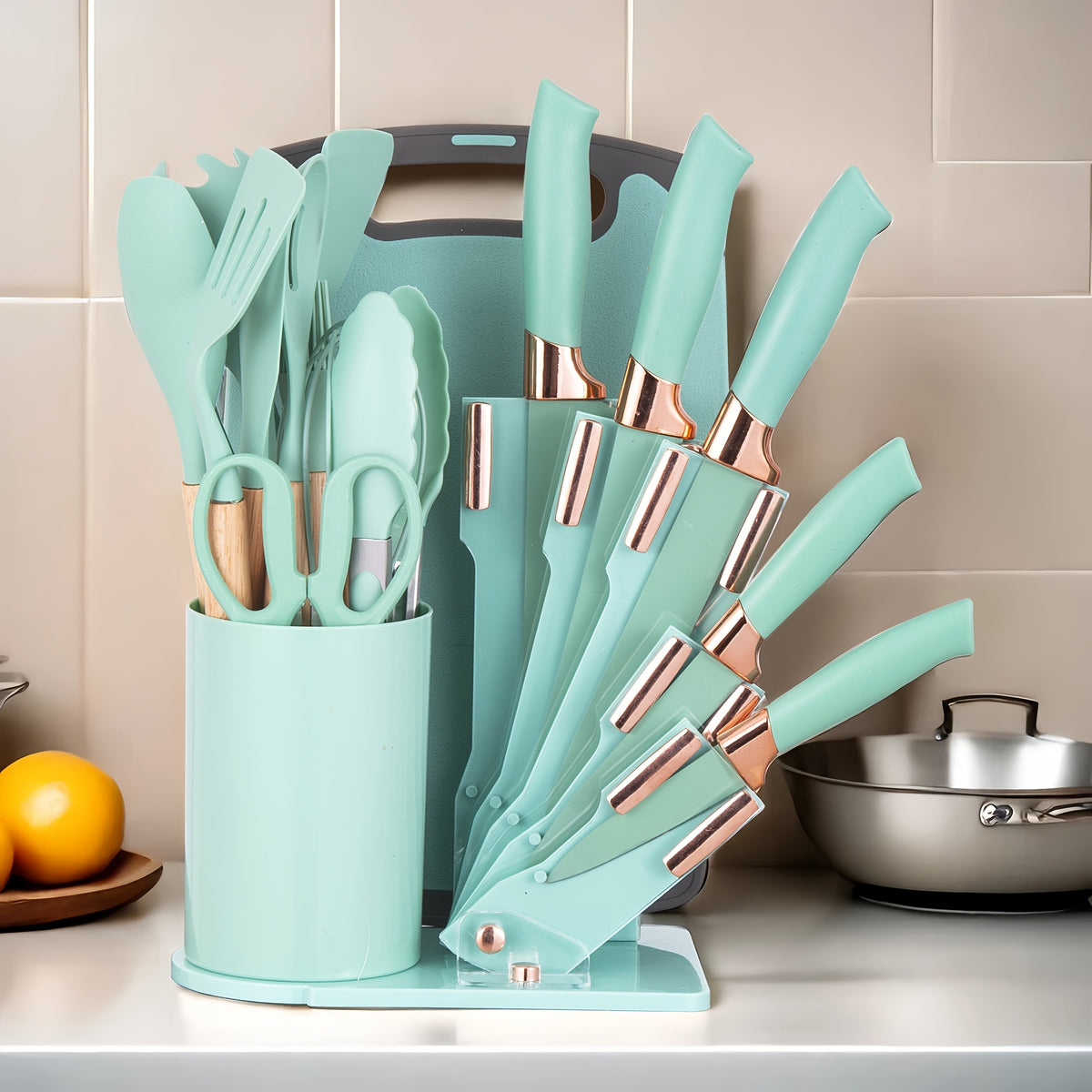 19pcs Kitchen Knife And Utensil Set, Non-Stick Black Knife Set with Wooden Handles, Silicone Cooking Tools, Cutting Board, Scissors And Holder, Best Gift for Parents
